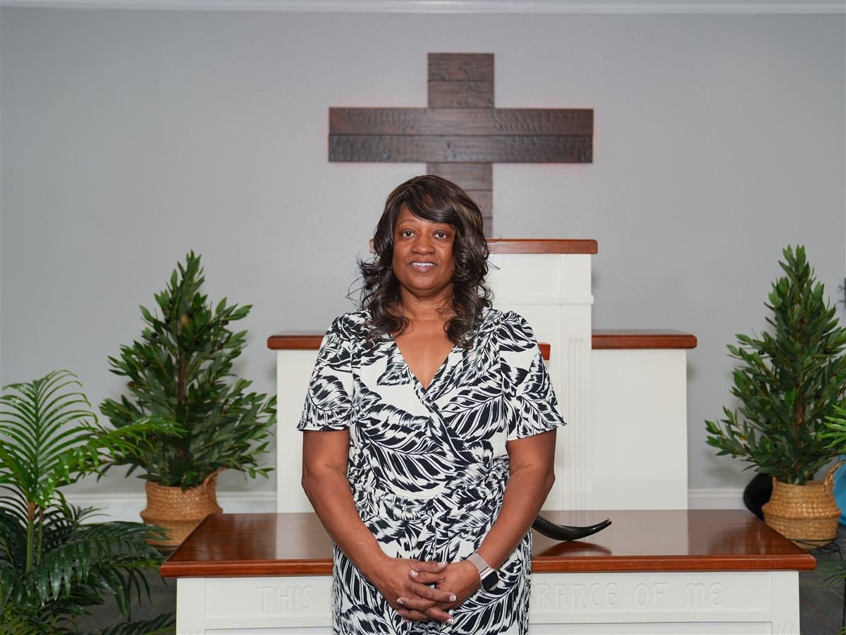 Gail Holmes, Food Ministry Coordinator, inside the sanctuary of Deliverance Baptist Church, Marianna FL